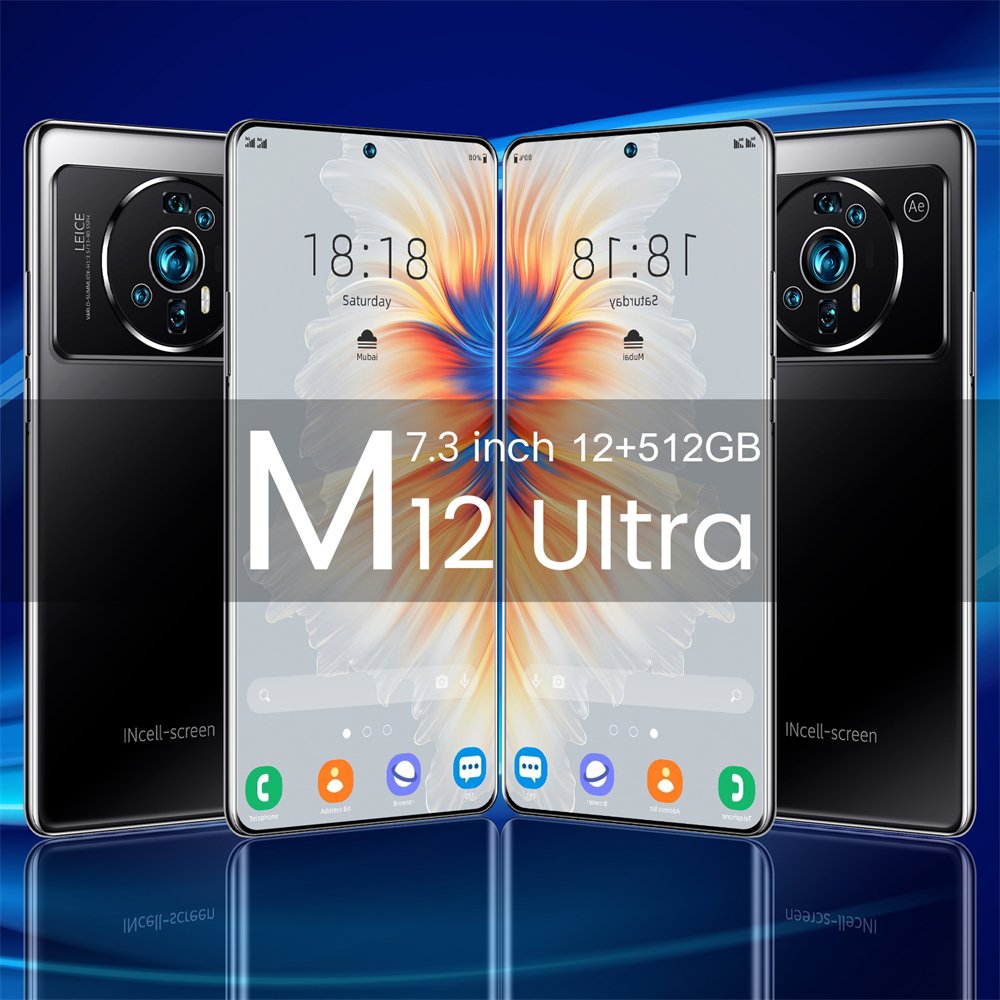 7.3 inch large screen online gaming video smartphone M12 12+512 large memory Android cross-border mobile phone for foreign trade